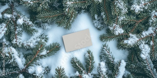 Snowy evergreen branches surrounding a blank beige card on white snow, flat lay composition perfect for winter holiday themes and New Year greetings photo