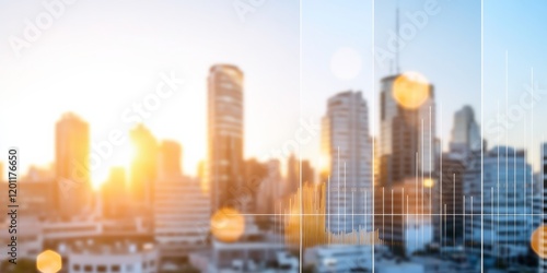 City skyline modern building glowing morning sunlight, urban development progress. Downtown skyscrapers corporate offices futuristic architecture real-estate growth metropolitan finance credit 