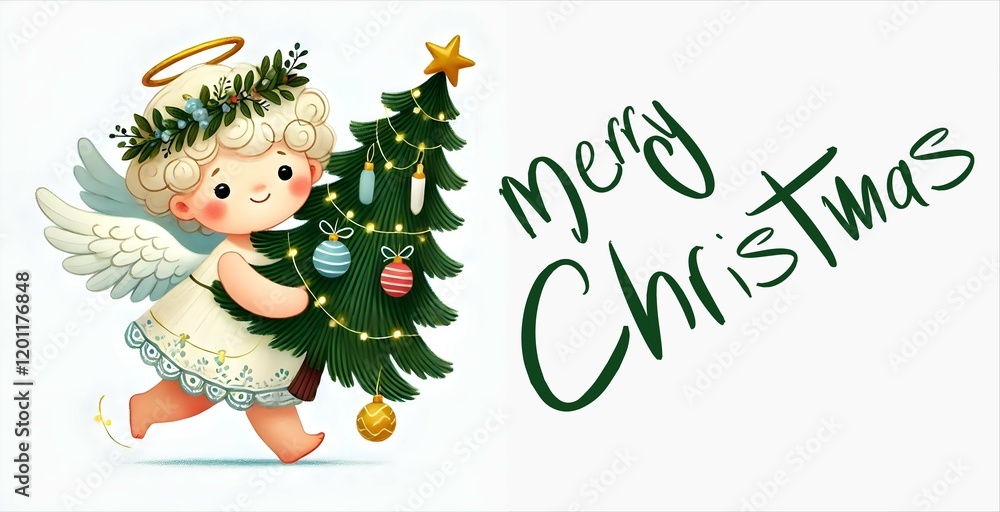 Fototapeta premium christmas card showing an angel wearing laurel and a gold halo carrying a Christmas tree. Christmas card, gift card, postcard, poster, gift bag design 