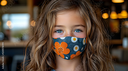 Young Girl with Floral Face Mask: A young girl with captivating blue eyes and flowing golden hair, looks directly at the camera while wearing a bright, floral face mask. photo