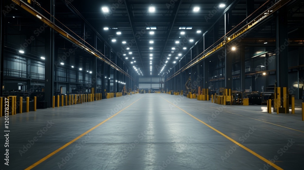 A spacious industrial warehouse with bright lighting and clear pathways for operations. A spacious industrial warehouse with bright lighting and clear pathways for operations.