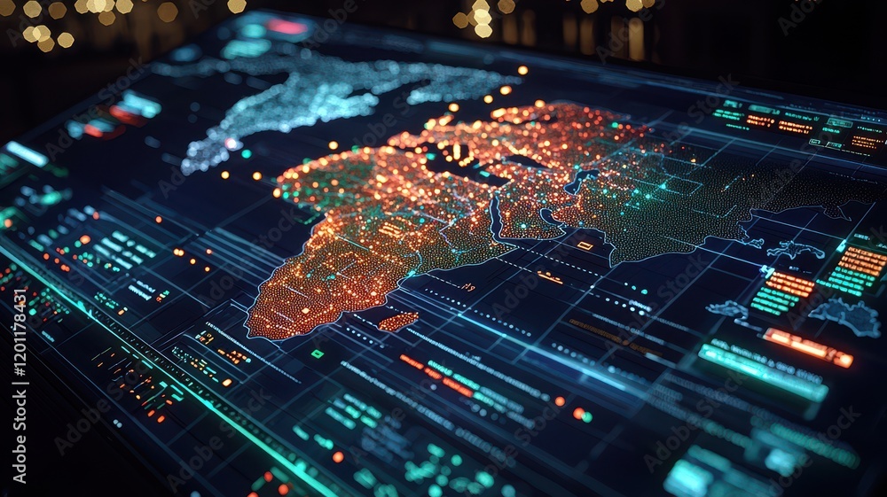 A futuristic digital map showcasing Africa with vibrant colors, representing data visualization and technology in a sleek, high-tech interface. A futuristic digital map showcasing Africa with vibrant colors, representing data visualization and technology in a sleek, high-tech interface.