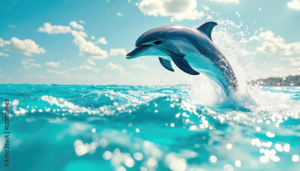 Obraz premium Dolphin leaping gracefully in sparkling turquoise ocean under clear blue sky