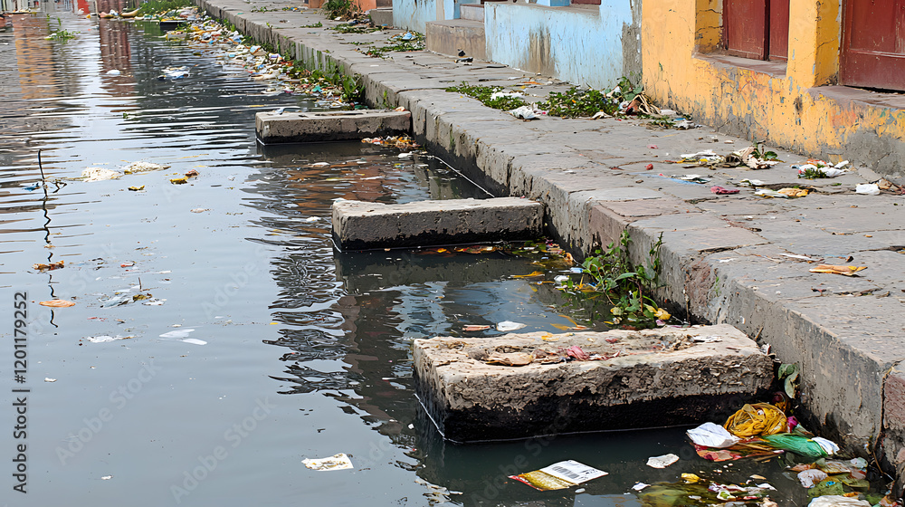 A polluted canal in a city, filled with garbage and plastic waste. The water is murky and brown, and the scene is a stark reminder of the negative impacts of pollution. A polluted canal in a city, filled with garbage and plastic waste. The water is murky and brown, and the scene is a stark reminder of the negative impacts of pollution.