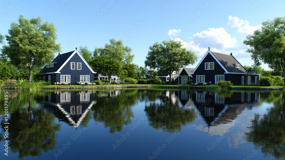 Tranquil lakeside scene with charming houses and reflections. Tranquil lakeside scene with charming houses and reflections.