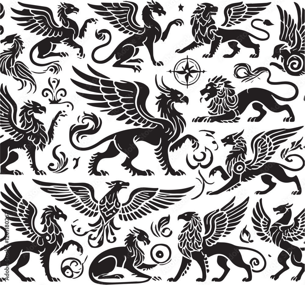 Fototapeta premium Black Color Mythic Animal Cerberus Silhouette Vector Illustration, Solid White Background