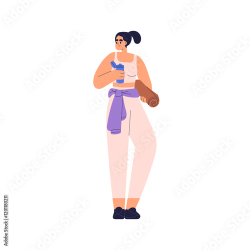 Woman with yoga mat, drinking water from bottle, hydration. Girl ready for fitness, gym workout. Active female after sport training, exercise. Flat vector illustration isolated on white background