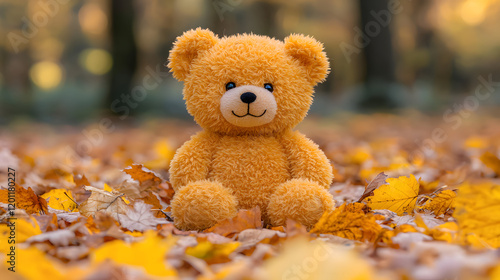 a cute teddy bear sitting in a bed of golden autumn leaves, looking sweet and nostalgic. The plush toy is surrounded by vibrant fall foliage, creating a charming and heartwarming scene. 