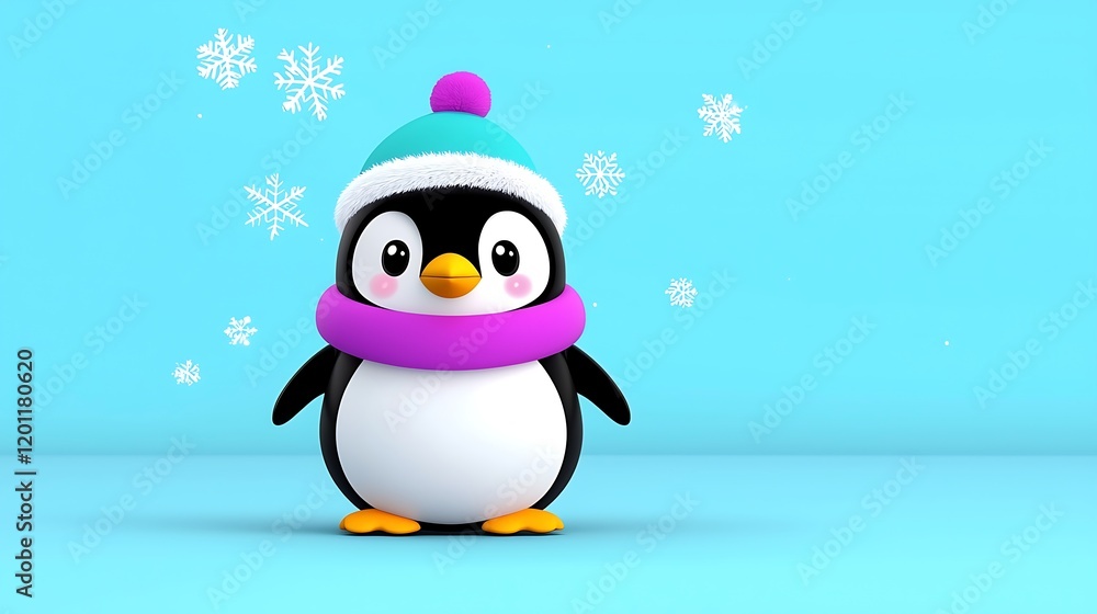 Obraz premium Adorable Cartoon Penguin in Winter Wonderland Setting