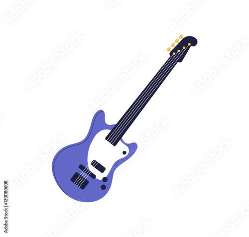 Electric bass guitar. String music instrument. Electroguitar with fretboard. Rock sound, electro equipment. Colored flat graphic vector illustration isolated on white background