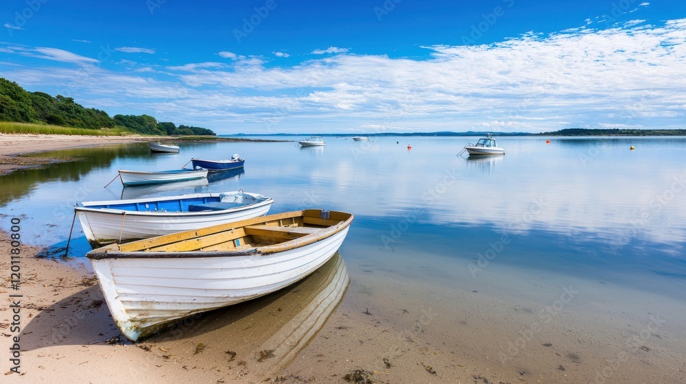 Naklejka premium Scenic view of boats moored on calm water under a blue sky.