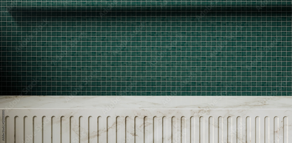 An empty marble countertop against a wall covered with deep bottle green ceramic tiles. Background for product presentations. Space for displaying cosmetics or kitchen products