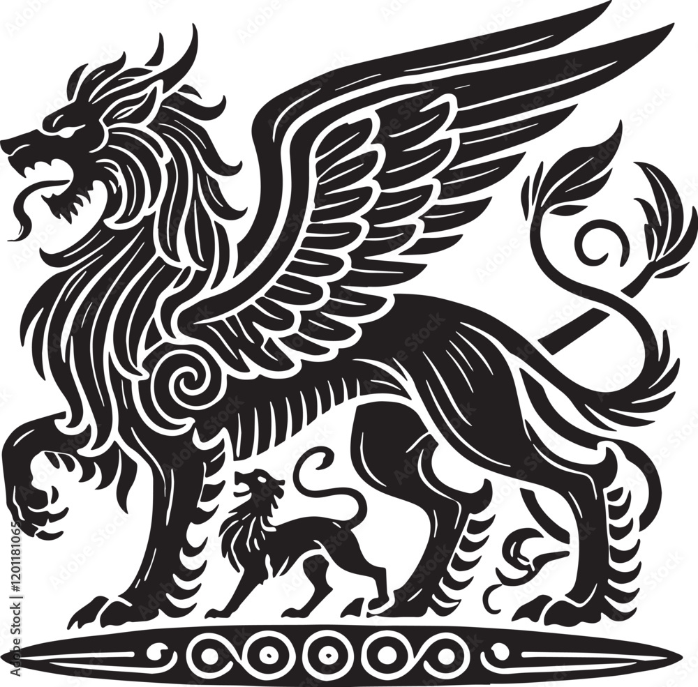 Obraz premium Black Color Mythic Animal Cerberus Silhouette Vector Illustration, Solid White Background