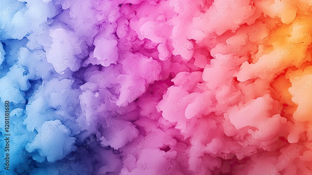 Fototapeta premium Fluid watercolor concept. Vibrant cloud of colorful smoke blending in purple, pink, orange hues creating a dreamy effect.