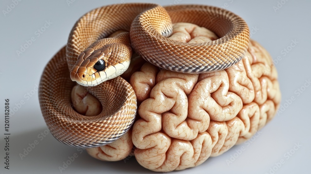 Fototapeta premium A realistic sculpture of a snake coiling around a human brain, blending themes of nature and intellect.