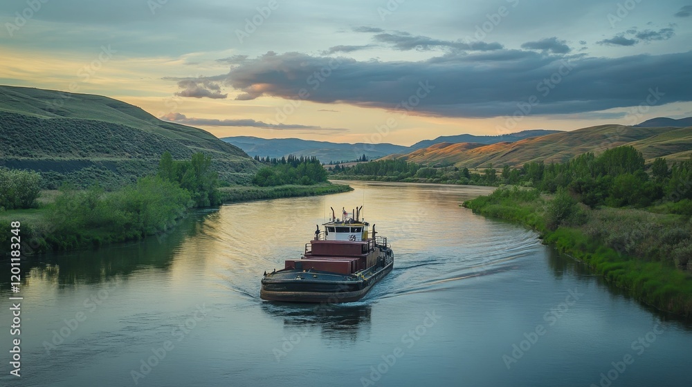 Tugboat moves down river surrounded by rolling green hills. Tugboat moves down river surrounded by rolling green hills.