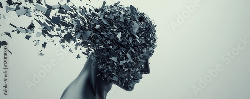 A fragmented silhouette, symbolizing the dissolution of identity, represented by shards emanating from a human head against a pale background.