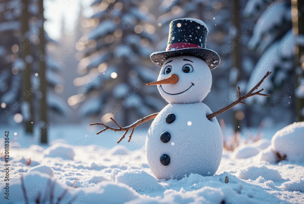 Fototapeta premium Cartoon Snowman in Snowy Forest