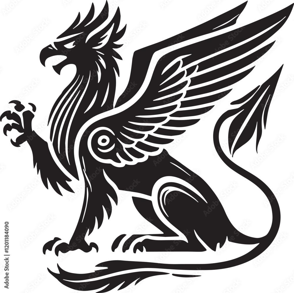 Fototapeta premium Black Color Mythic Bird Griffin Silhouette Vector Illustration, Solid White Background