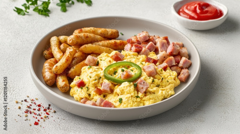 A delicious breakfast plate featuring scrambled eggs with ham and jalapenos, accompanied by sausage links and a side of ketchup. A delicious breakfast plate featuring scrambled eggs with ham and jalapenos, accompanied by sausage links and a side of ketchup.