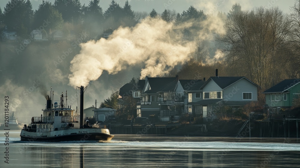 Tugboat puffs smoke past houses near water. Tugboat puffs smoke past houses near water.