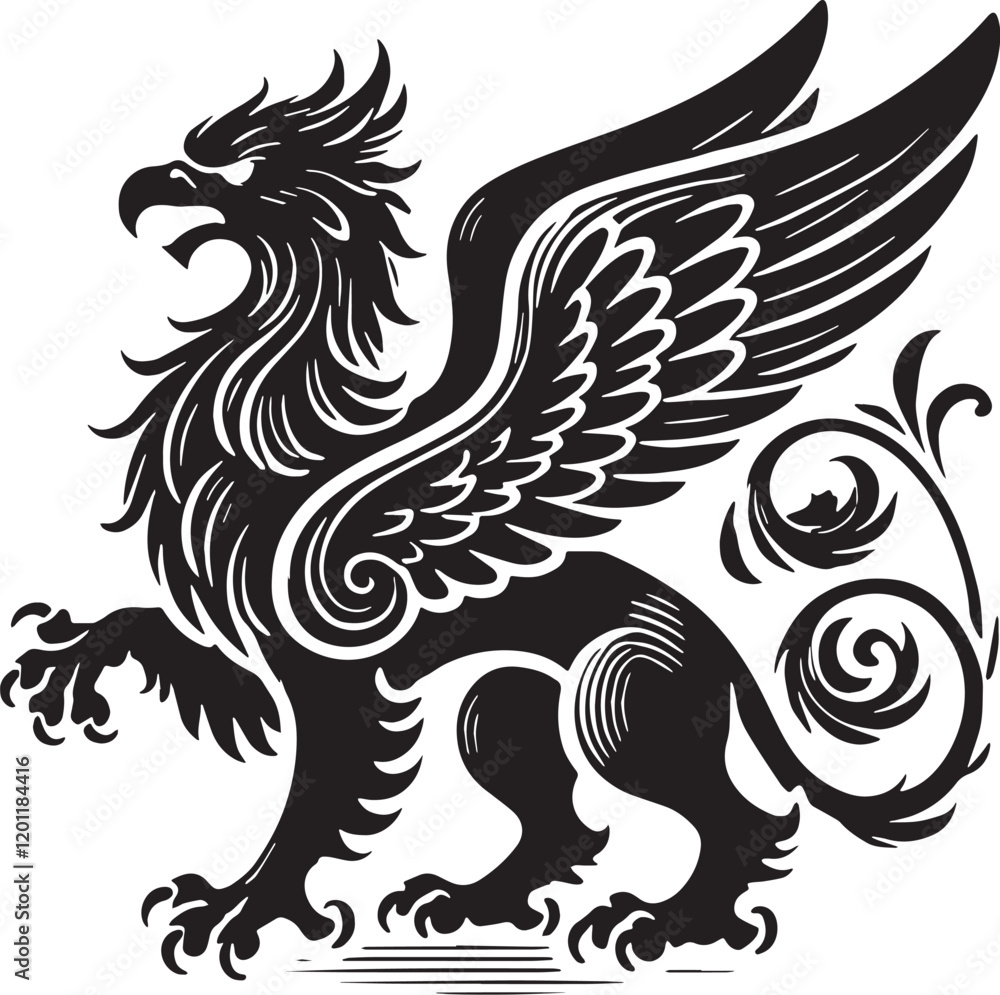 Obraz premium Black Color Mythic Bird Griffin Silhouette Vector Illustration, Solid White Background