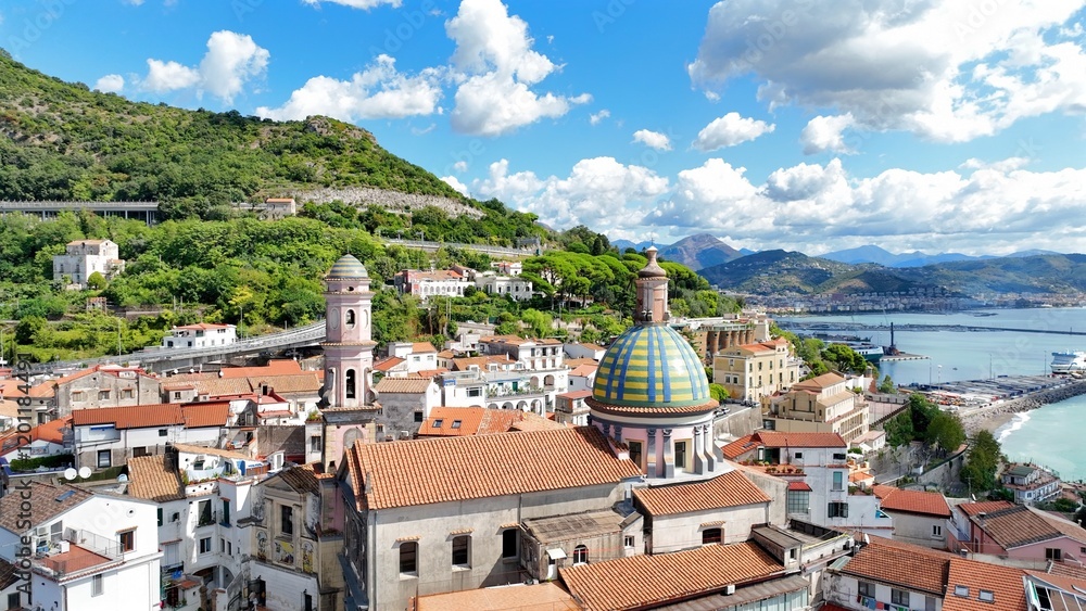 Obraz premium Vietri sul Mare, Amalfi Coast, Salerno, Italy. Aerial view of the seaside village famous for its ceramics. Tourist destination on the Amalfi Coast.