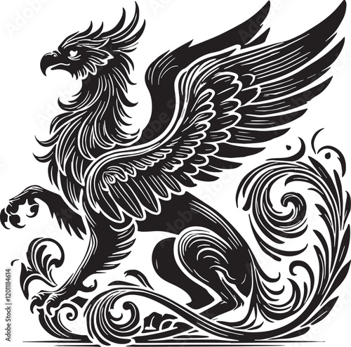 Wallpaper Mural Black Color Mythic Bird Griffin Silhouette Vector Illustration, Solid White Background Torontodigital.ca
