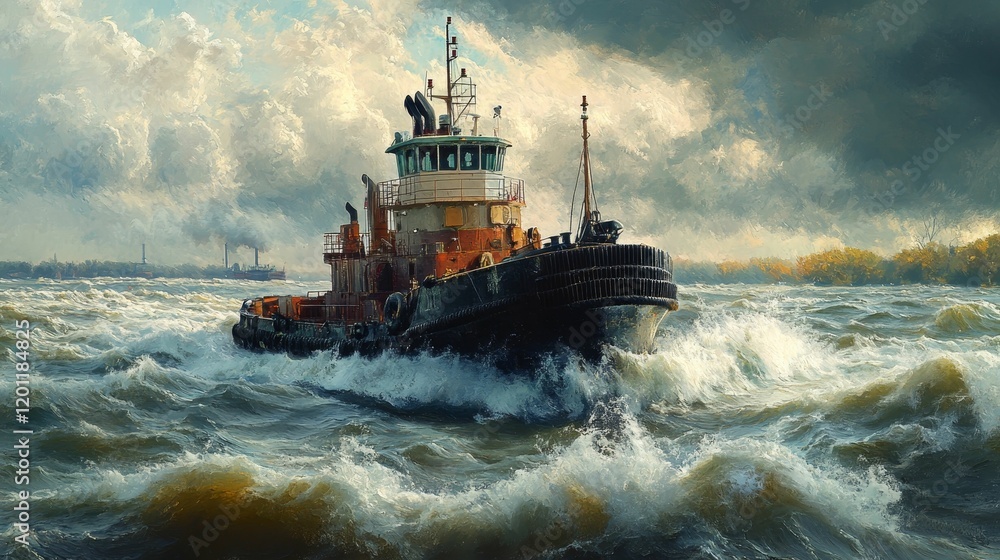 Tugboat navigating choppy waters, overcast skies, industrial backdrop. Tugboat navigating choppy waters, overcast skies, industrial backdrop.