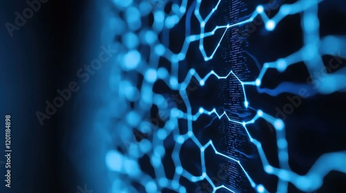Artificial intelligence, SIEM concept, A close-up view of a glowing blue network pattern, resembling interconnected nodes and lines, evoking themes of technology and digital connectivity.