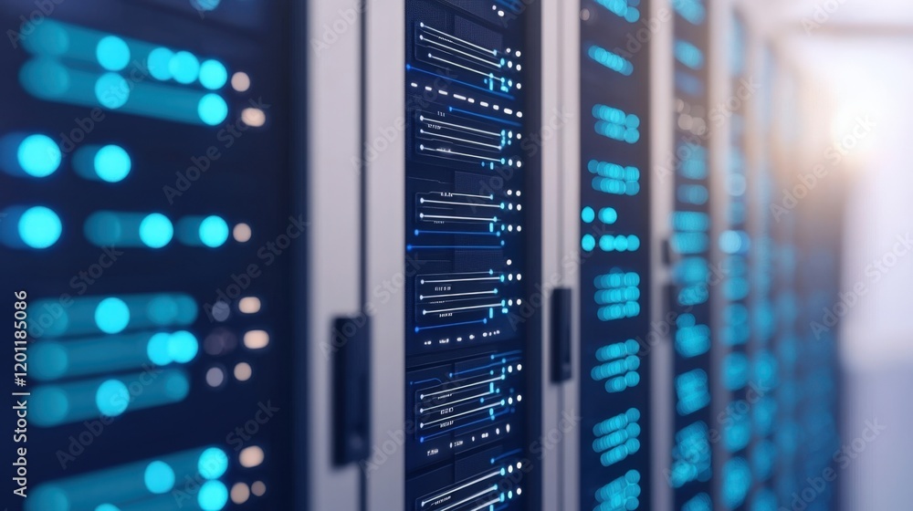 Artificial intelligence, SIEM concept, A modern data center with rows of servers illuminated by blue lights, showcasing high-tech storage and processing capabilities. Artificial intelligence, SIEM concept, A modern data center with rows of servers illuminated by blue lights, showcasing high-tech storage and processing capabilities.
