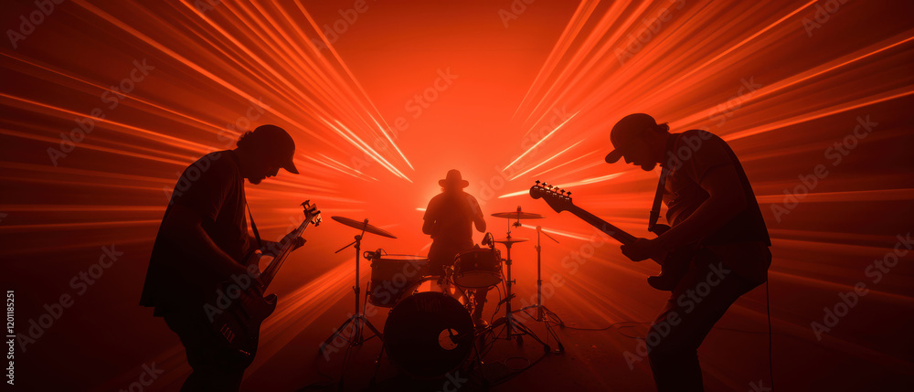 Fototapeta premium Silhouetted rock band performing under dynamic red lighting effects.