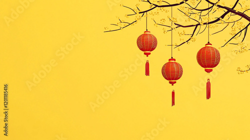 Chinese new year yellow background design with red lanterns hanging in tree branches with blooming flowers photo