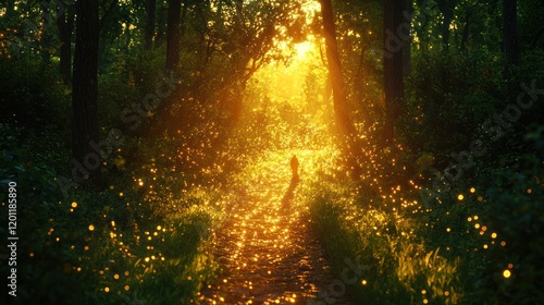 Fototapeta Naklejka Na Ścianę i Meble -  Woman walks forest path, sunset glow, fireflies