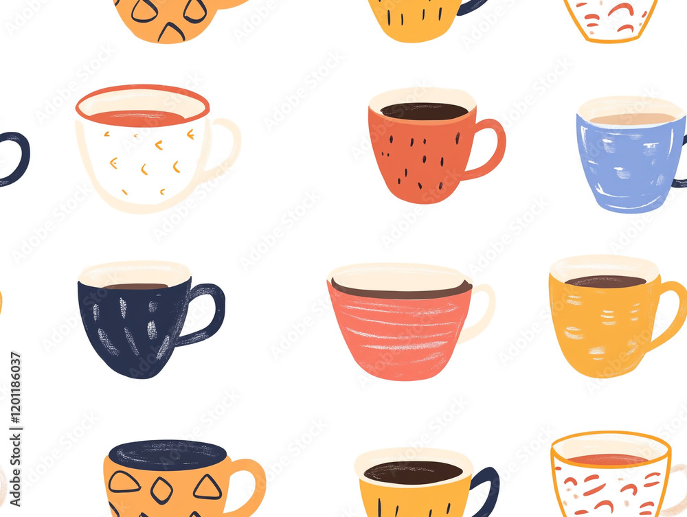 A charming pattern of coffee mugs with pastel tones and delicate designs, featuring stripes, hearts, and floral motifs on a white background.
A charming pattern of coffee mugs with pastel tones and delicate designs, featuring stripes, hearts, and floral motifs on a white background.
