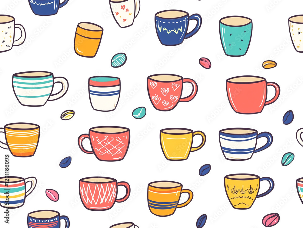 A charming pattern of coffee mugs with pastel tones and delicate designs, featuring stripes, hearts, and floral motifs on a white background.
A charming pattern of coffee mugs with pastel tones and delicate designs, featuring stripes, hearts, and floral motifs on a white background.