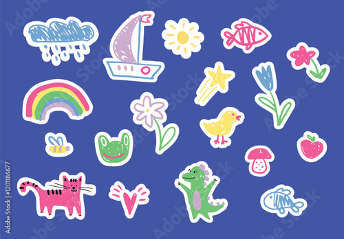 Set of kids doodle style illustrations featuring animals, rainbow, flowers, boat, sun, and other objects. Na ve crayon sketch style. Colorful vector flat illustration for children s stickers and