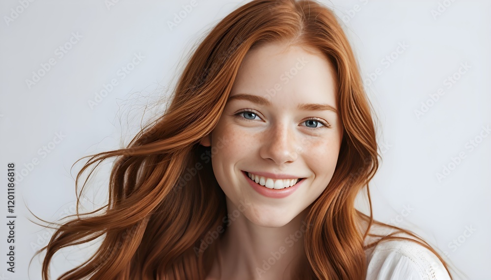Portrait jeune femme souriant heureuse longs cheveux roux taches rousseur fond blanc. Portrait jeune femme souriant heureuse longs cheveux roux taches rousseur fond blanc.