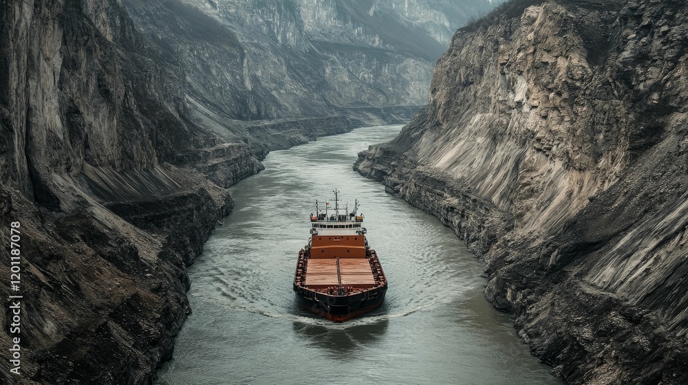Fototapeta premium Cargo ship floats through a large river canyon.