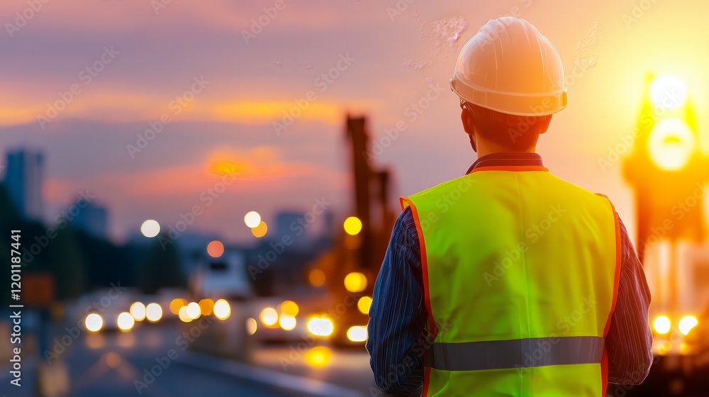 Worker in a safety vest and helmet observing a construction site at sunset. Worker in a safety vest and helmet observing a construction site at sunset.