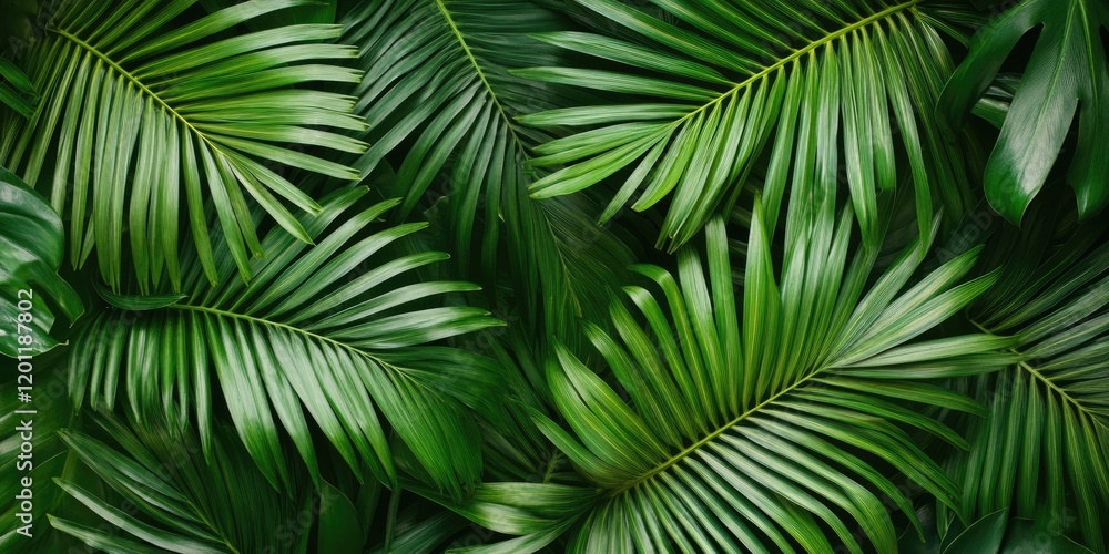 Lush green palm leaves arranged intricately in a dense pattern featuring various shades of green against a dark background. Lush green palm leaves arranged intricately in a dense pattern featuring various shades of green against a dark background.