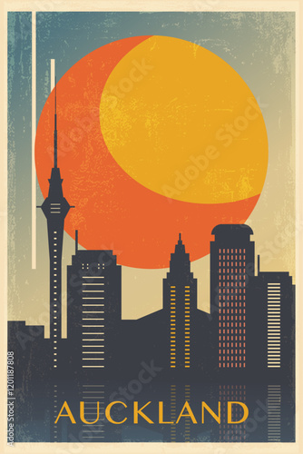 Auckland retro city poster with abstract shapes of skyline, buildings. New Zealand vintage travel vector illustration, cityscape at sunrise, sunset