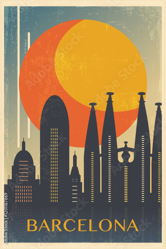 Barcelona retro city poster with abstract shapes of skyline, buildings. Spain vintage travel vector illustration, cityscape at sunrise, sunset
