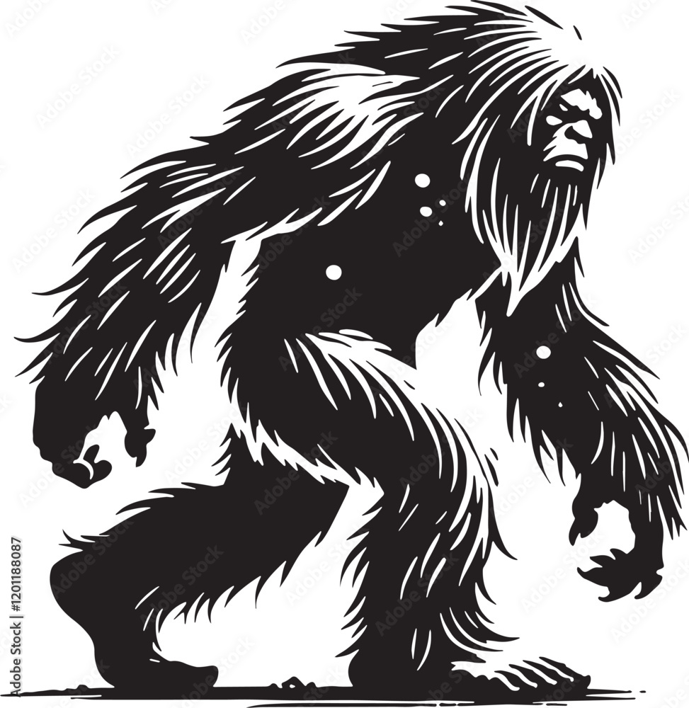 Obraz premium Black Color Mythic Creature Yeti Silhouette Vector Illustration, Solid White Background