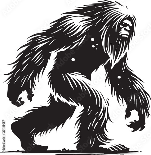 Black Color Mythic Creature Yeti Silhouette Vector Illustration, Solid White Background