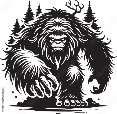 Black Color Mythic Creature Yeti Silhouette Vector Illustration, Solid White Background