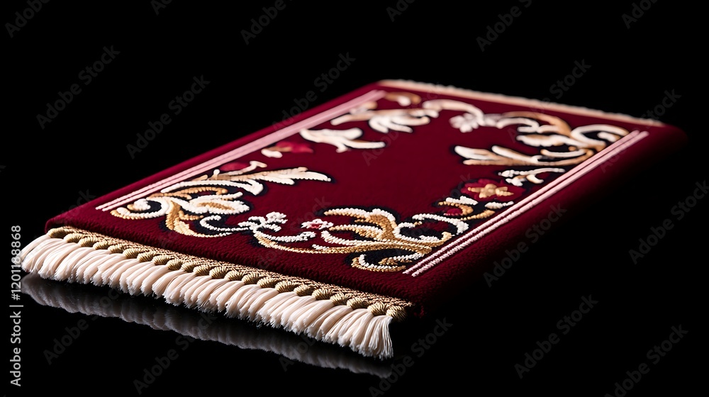 Red Prayer Rug with Ornate Floral Pattern on Black Background Red Prayer Rug with Ornate Floral Pattern on Black Background