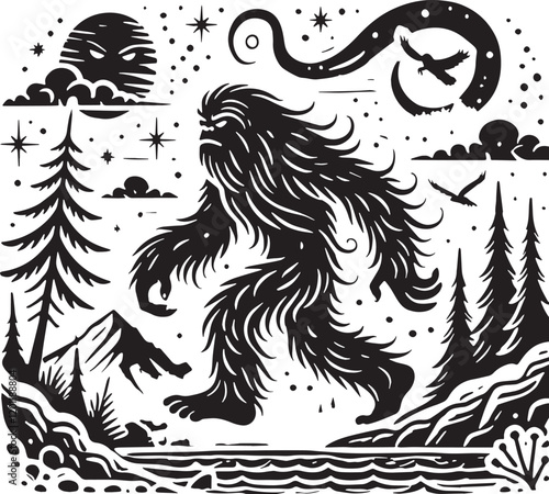 Black Color Mythic Creature Yeti Silhouette Vector Illustration, Solid White Background