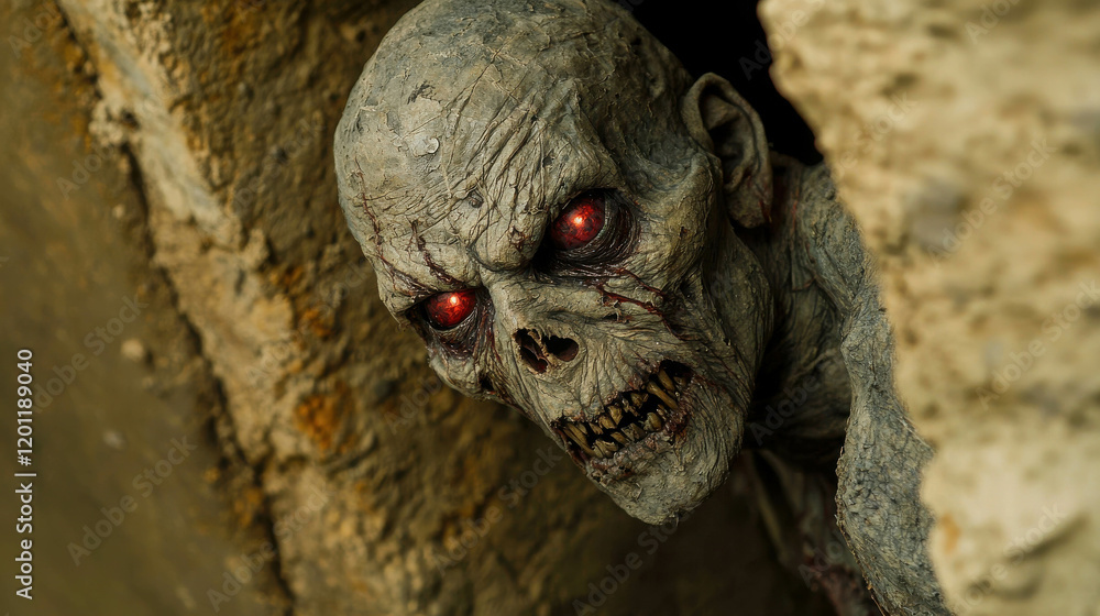 Grotesque Humanoid Creature with Distorted Features Emerging from Darkened Cave Environment Grotesque Humanoid Creature with Distorted Features Emerging from Darkened Cave Environment