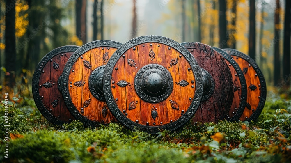 Wooden shields, forest background, autumn, display Wooden shields, forest background, autumn, display